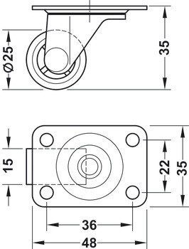 Průmyslové a otočné kolečko, Nosnost 15 kg, Ø 25 mm, volnoběžné