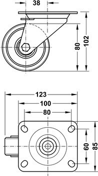 Průmyslové a otočné kolečko, s měkkou pojezdovou plochou