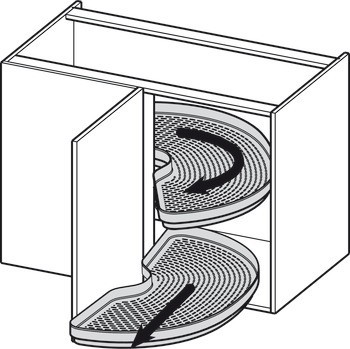 Půlkruhové otočné kování do rohové skříňky, s otočnými policemi, šedý hliník