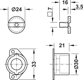 Rozeta pro povrchovou montáž, Häfele Symo ML, pro prodloužení rozvorového zámku modulárního systému 30 mm