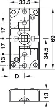 Rozvorový zámek, Häfele Symo ML, řešení pro povrchovou montáž 30 mm, backset 17 mm