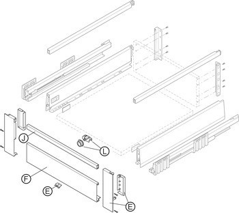 Sada čelního držáku pro vnitřní výsuv, Blum Merivobox, pro systémovou výšku E s příčným relingem vpředu