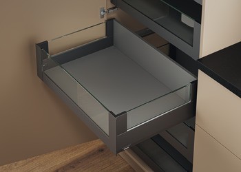 Sada čelního držáku pro vnitřní výsuv, Blum Merivobox, systémová výška E s vkládaným prvkem vpředu