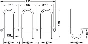 Šatní regál, se 6 háčky, montáž na stěnu, nerez