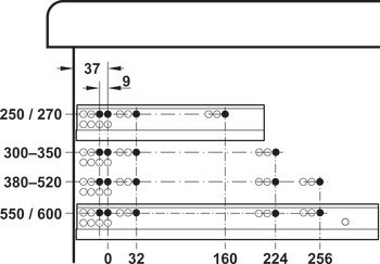 Skrytý výsuv, Blum Movento 760 H plnovýsuv, nosnost do 40 kg, ocel, povrchová montáž, bez zajišťovacího kování