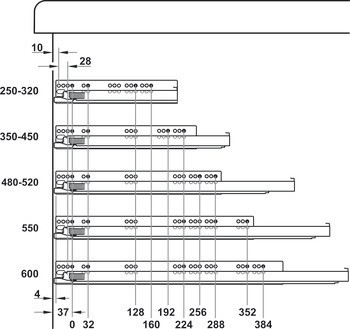 Skrytý výsuv, Grass Dynapro, plnovýsuv, nosnost do 40 kg, ocel, povrchová montáž, zajišťovací kování