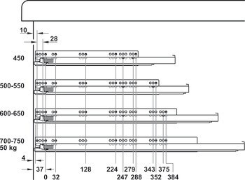 Skrytý výsuv, Grass Dynapro, plnovýsuv, nosnost do 40 kg, ocel, povrchová montáž, zajišťovací kování