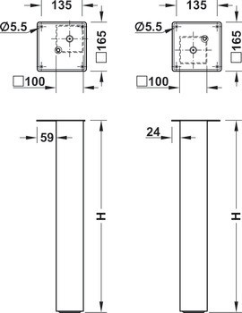 Stolová noha, Čtvercová, rovná, hliník