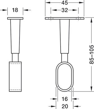 Středová podpěra šatní tyče, pro oválnou šatní tyč 30 x 15 mm