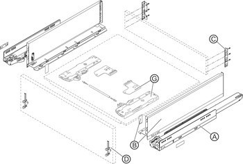 Systém zásuvkových výsuvů s bočnicí, Blum Legrabox pure, výška bočnice zásuvky 128 mm, systémová výška K, s korpusovou lištou Blumotion S