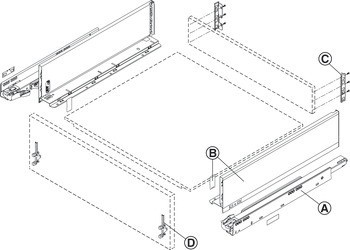 Systém zásuvkových výsuvů s bočnicí, Blum Legrabox pure, výška bočnice zásuvky 128 mm, systémová výška K, s korpusovou lištou Tip-On