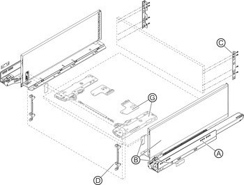 Systém zásuvkových výsuvů s bočnicí, Blum Legrabox pure, výška bočnice zásuvky 177 mm, systémová výška C, s korpusovou lištou Blumotion S