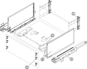 Systém zásuvkových výsuvů s bočnicí, Blum Legrabox pure, výška bočnice zásuvky 240 mm, systémová výška F, s korpusovou lištou Blumotion S