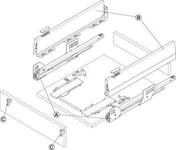 Systém zásuvkových výsuvů s bočnicí, Häfele Matrix Box P35, výška bočnice 115 mm, nosnost 35 kg, s Push-to-Open Soft-Close