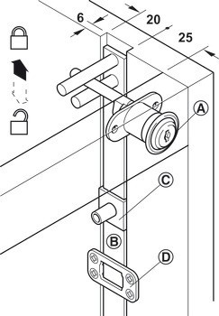 Tělo centrálního otočného zámku, Häfele Symo FM Pro, s pevnou vložkou s pinovými stavítky, zdvih 17 mm, standardní profil