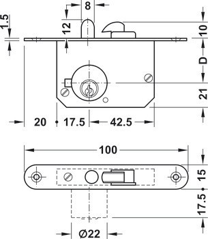 Tělo zadlabacího zámku, Backset 25 mm, pro posuvné dveře a roletky