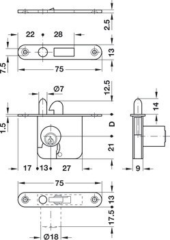 Tělo roletkového zámku, Häfele Symo FM Pro, pro pevnou vložku nebo vložku s pinovými stavítky, backset 22 m