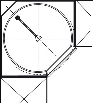 Tříčtvrtinové otočné kování, Pro rohovou skříňku, s dveřmi 90°