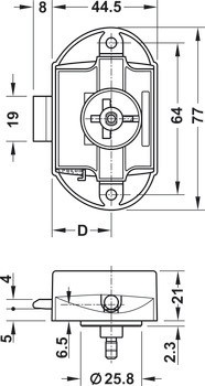 Trojcestný zámek, Häfele Push-Lock, backset 25 mm, lze ovládat z jedné strany