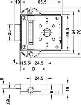 Trojcestný zámek, Häfele Standard-Nova, řešení pro povrchovou montáž, 24 mm, backset 40 mm