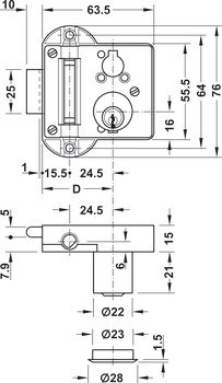Trojcestný zámek, Häfele Standard-Nova, s vložkou s pinovými stavítky, standardní profil, backset 40 mm