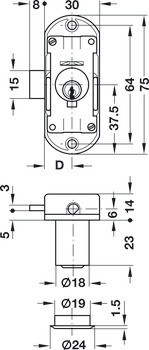 Trojcestný zámek, Häfele Symo FM Plus, s pevnou vložkou s plátkovými stavítky, standardní profil