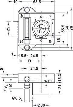 Trojcestný zámek, Häfele Symo ML, řešení pro povrchovou montáž 30 mm, backset 40 mm