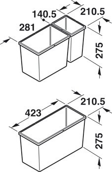 Trojdílný odpadkový koš, 1 x 21, 1 x 13,5 a 1 x 6 litrů