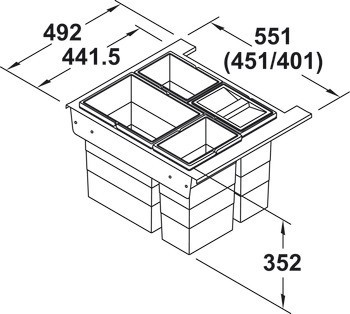 Trojdílný odpadkový koš, 2 x 10 a 1 x 14 litrů, Hailo Zargen-Cargo, pro Blum Servo-Drive uno