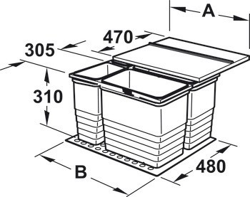 Trojdílný odpadkový koš, pro Blum Tandembox, 2 x 8 a 1 x 17 litrů