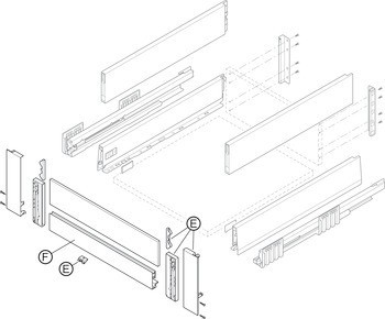 Vkládaný prvek ze skla, čelo, Blum Merivobox, pro systémovou výšku E s vkládaným prvkem