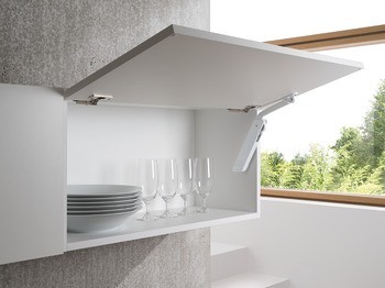 Výklopné kování, Häfele Free flap H 1.5 – plast s kovovým podpěrným ramenem, individuální sada pro jednostrannou aplikaci