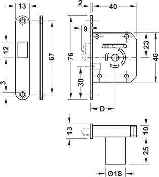 Zadlabací hákový zámek, Häfele Symo, backset 22 mm