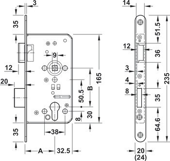 Zadlabací zámek, Häfele, paniková oboustranná funkce B, PZ