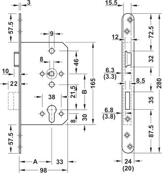 Zadlabací zámek, pro otočné dveře, BMH 450, třída 4, délka čelního plechu 280 mm