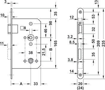 Zadlabací zámek, pro otočné dveře, BMH 450, třída 4, koupelna/WC