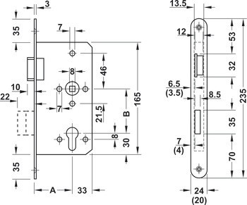 Zadlabací zámek, pro otočné dveře, profilová vložka