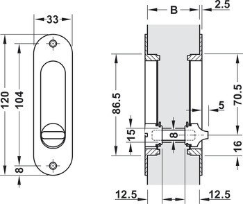Zadlabací zámek, pro posuvné dveře, s kruhovou závorou, Häfele Startec, koupelna/WC, backset 50 mm