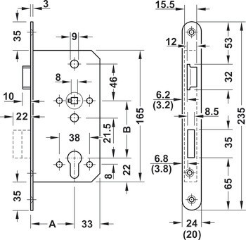 Zadlabací zámek, Profilová vložka, pro otočné dveře