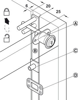 Tělo centrálního otočného zámku, Häfele Symo EC, tělo vložky bez jádra, pro zámkovou vložku, s montážní podložkou na jedné straně