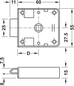 Zámek se střelkou k přišroubování, Häfele Push-Lock, backset 30 mm