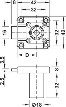Zámek se závorou k přišroubování, Häfele Symo EC, backset 25 mm, vysunutí závory 8 mm, s délkou těla vložky od 22 mm do 45 mm