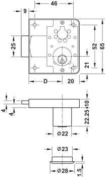 Zámek se závorou k přišroubování, Häfele Symo FM Pro, s pevnou vložkou s pinovými stavítky, individuální uzamykací systém HK/GHK, backset 40 mm, Service+