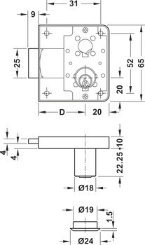 Zámek se závorou k přišroubování, Häfele Symo FM Pro, s pevnou vložkou s pinovými stavítky, standardní profil, backset 25 mm