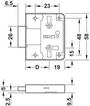 Zámek se závorou k přišroubování, Häfele Symo LB, pro dozický klíč, backset 15 nebo 30 mm