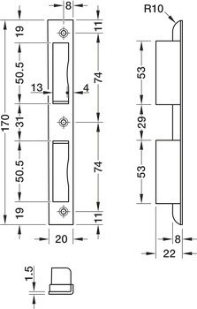 Zapuštěný protiplech, pro falcové dveře, hranatý, 170 mm