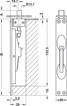 Zápustná zástrč, se sklopnou páčkou, hranatá, 172 mm