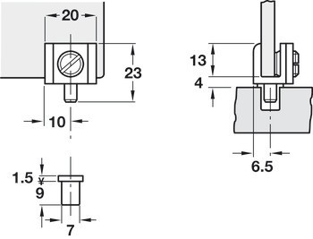 Závěs pro skleněné dveře, pro montáž dveří bez vrtání do skla, délka 20 mm