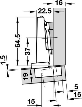 Závěs profilových dveří, Blum Clip Top Blumotion 95°, polonaložená montáž