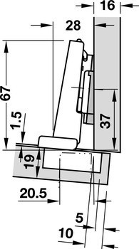 Závěs profilových dveří, Blum Clip Top Blumotion 95°, polonaložená montáž